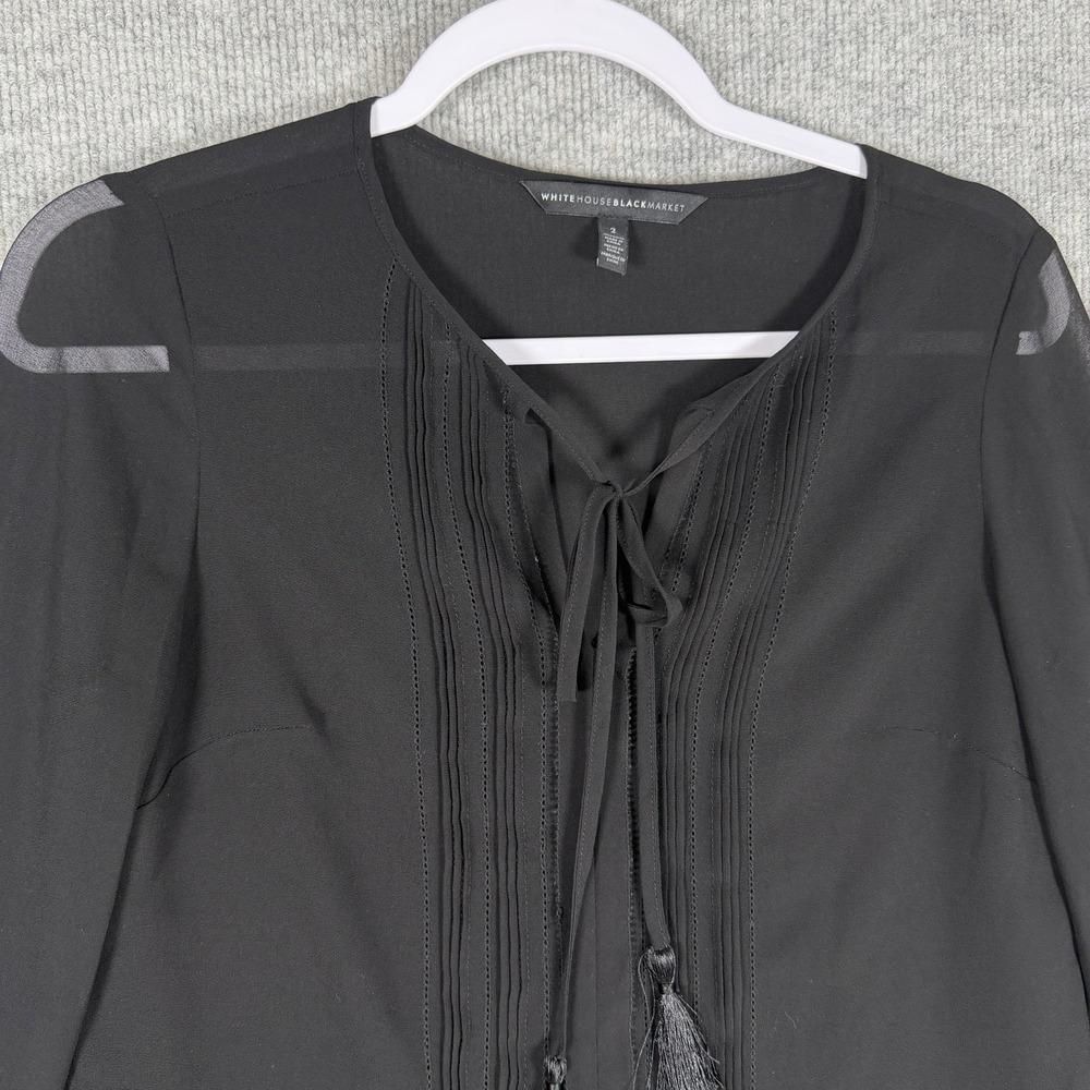 White House Black Market Size-2 Womens Blouse Bell Sleeve Black Tassel Pintuck - Picture 6 of 10